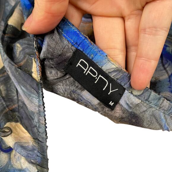 AP.NY Blue Gray Abstract Mirrored Print Artsy Cupro Blouse Top SZ M - Picture 9 of 10